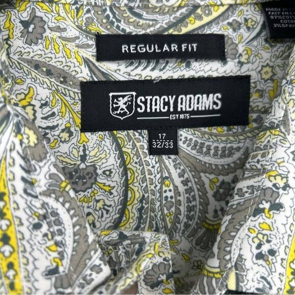Stacy Adams Gray Yellow Paisley Longsleeve Button Up Dress Shirt Size 17 - Picture 4 of 9